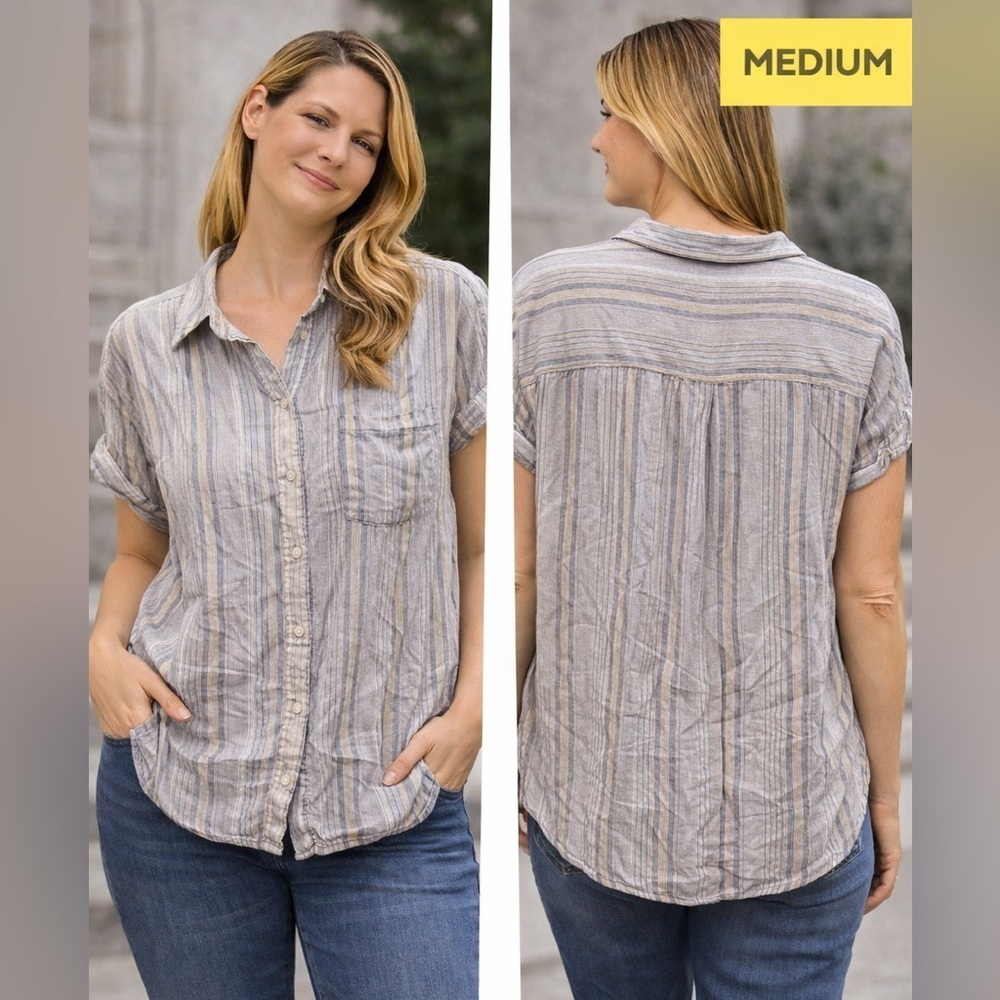 Cosmic blue love Casual blue Striped Button Down Shirt for Women MEDIUM
